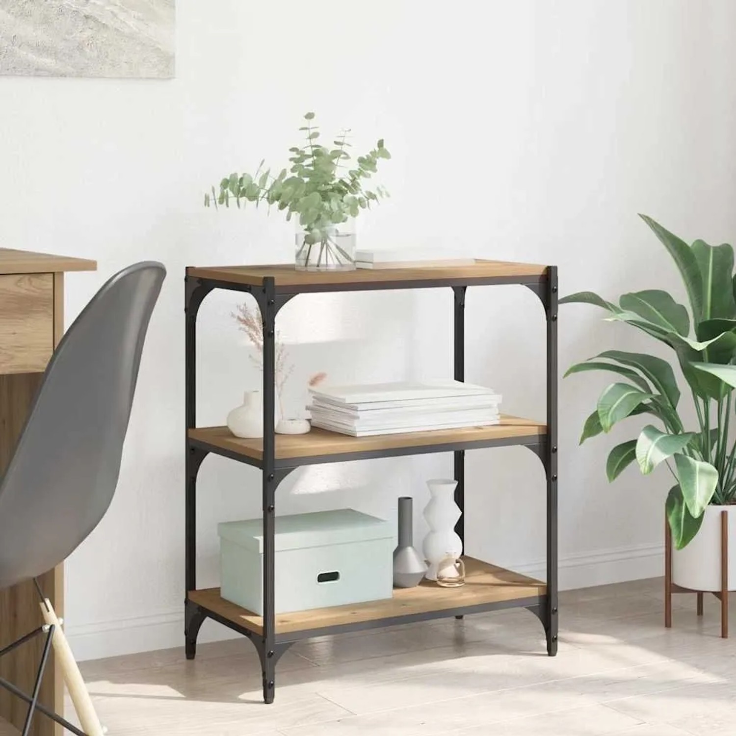 vidaXL Bücherregal Artisan-Eiche mit 3 Holzwerkstoff-Regalböden und schwarzem Metallrahmen im Industrial-Stil.