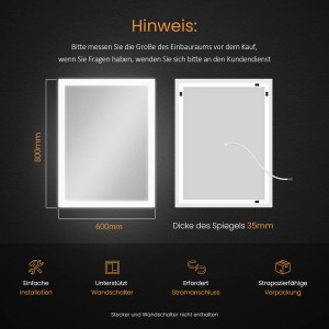 Emke LED Badspiegel 80x60 cm, beleuchteter Wandspiegel mit Antibeschlag und 3 Farbtemperaturen.