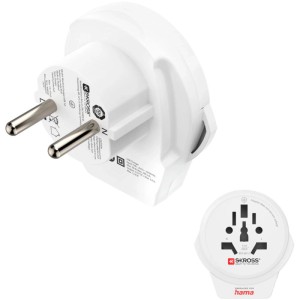 Weißer Hama Reiseadapter World to Europe mit USB-Anschluss für 2- und 3-polige Geräte.
