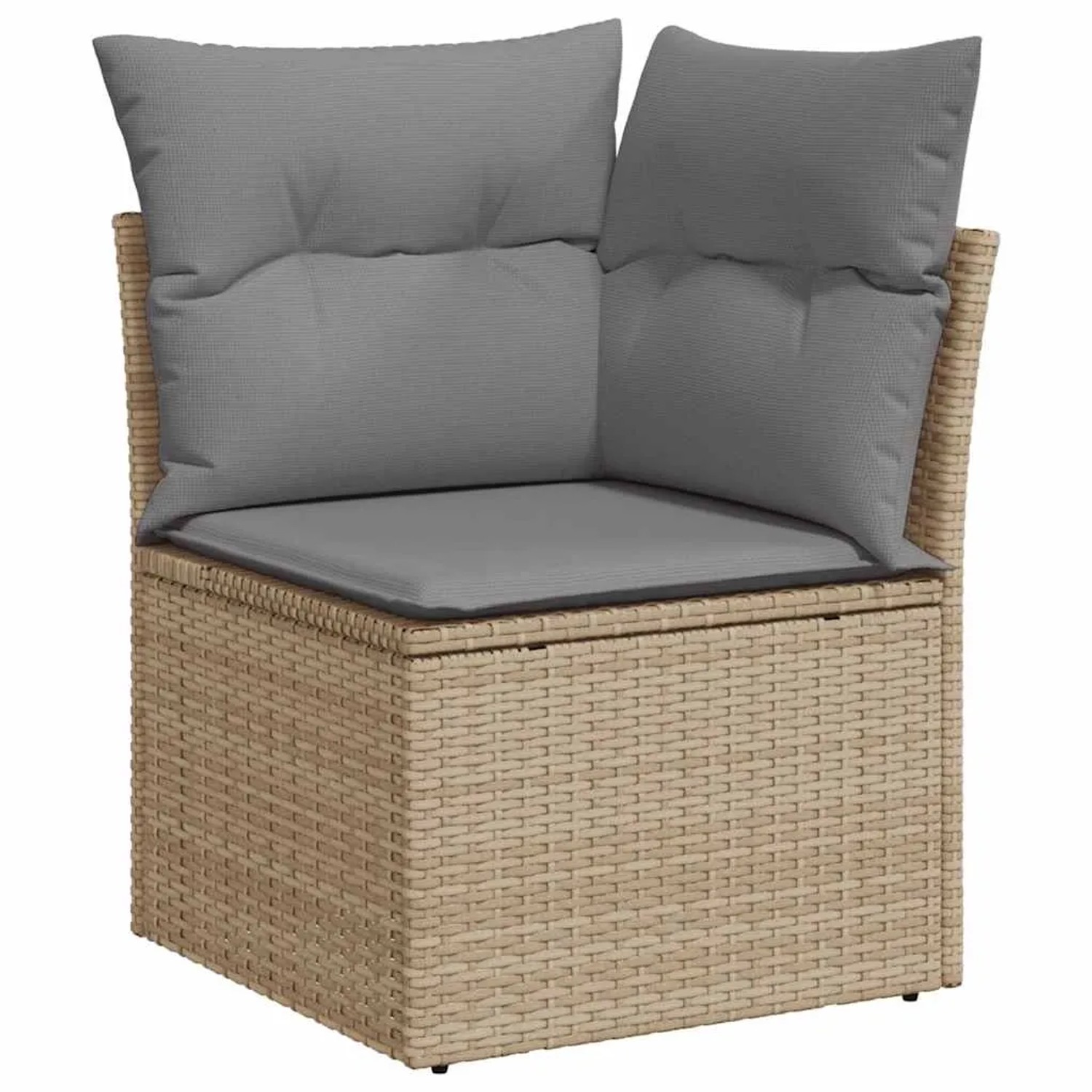 Beige Garten-Sofagarnitur Ecke aus Polyrattan mit grauen Kissen. Teil einer modularen Lounge.