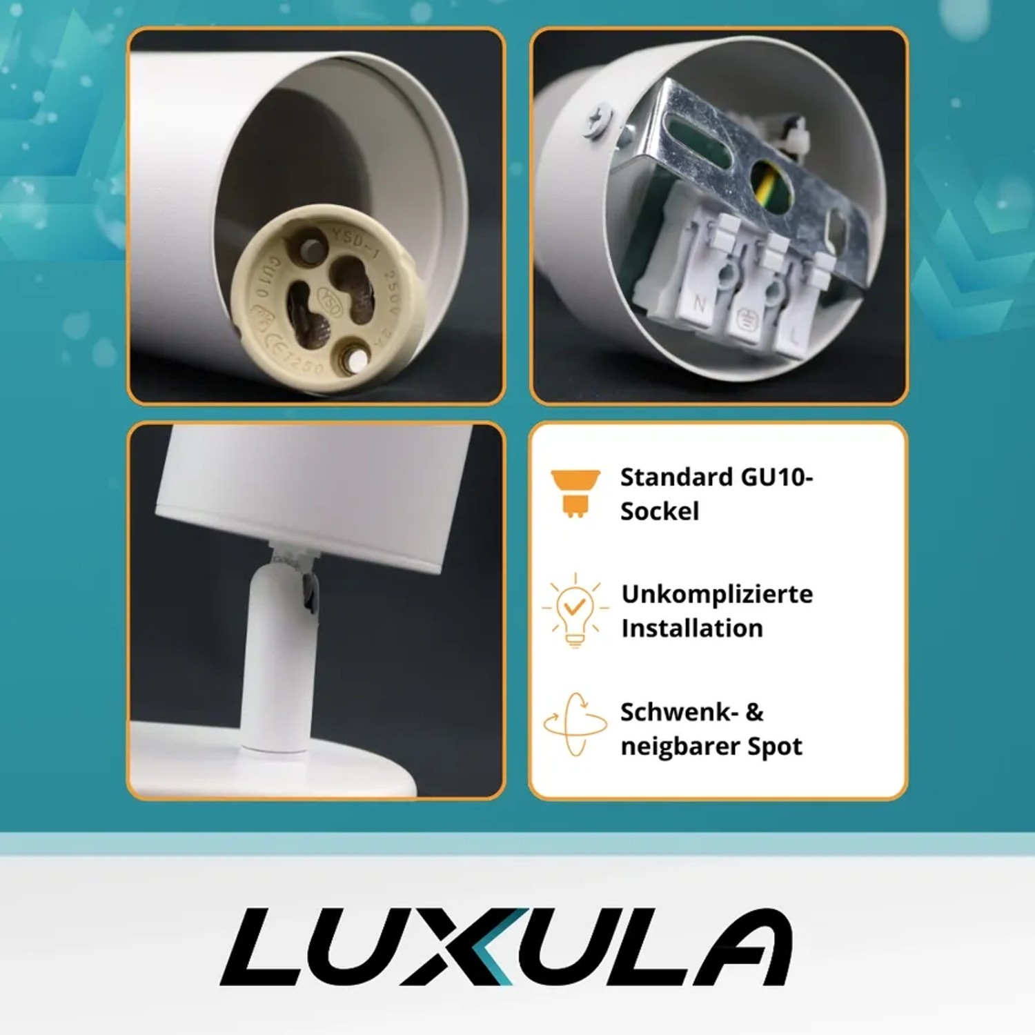 LUXULA LED Aufbauspot, weiß, schwenkbar, GU10 Fassung für flexible Akzentbeleuchtung.