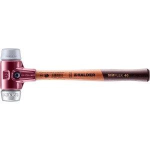Halder Simplex Schonhammer 40mm: rotes Gehäuse, grauer TPE-mid und silberner Weichmetall-Einsatz, Holzstiel.
