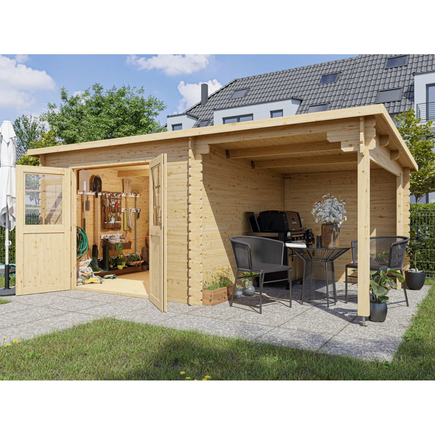 Woodtex Gartenhaus Blockbohlenhaus CA2976 28 mm Naturbelassen mit 2 m Anbau