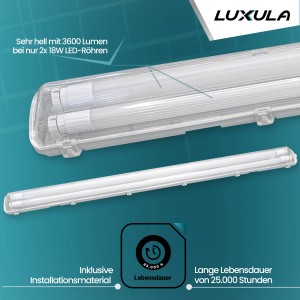 LUXULA LED Feuchtraumleuchte mit 2x18W Röhren, neutralweiß, IP65, für Garage & Keller.