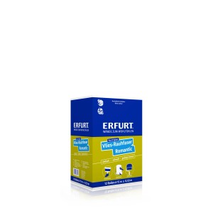 Erfurt Vlies-Rauhfaser Romantic Tapete in blauer/gelber Packung. Überstreichbar, einfache Wandklebetechnik.