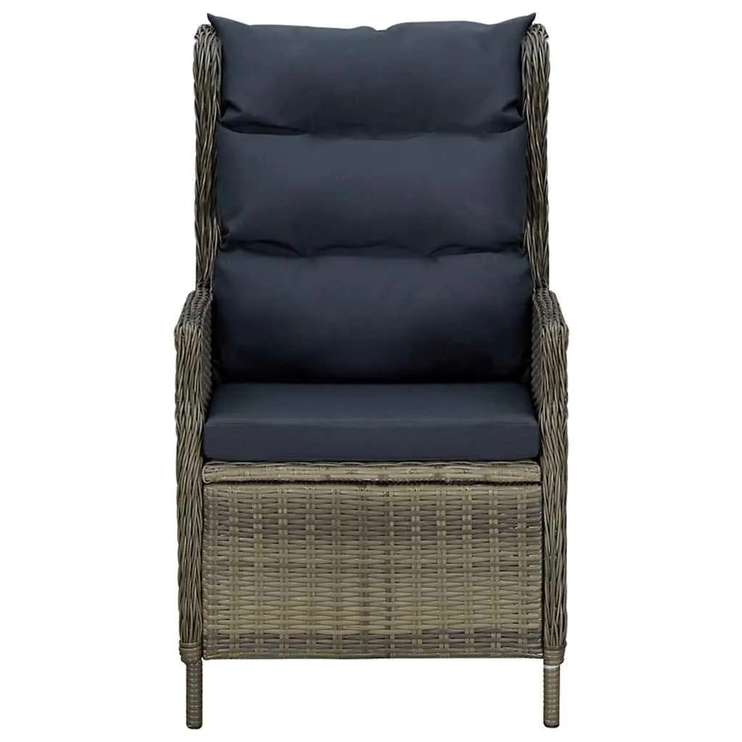 Verstellbarer Gartensessel aus braunem Poly Rattan mit schwarzen Polstern. Robuster Gartenstuhl.