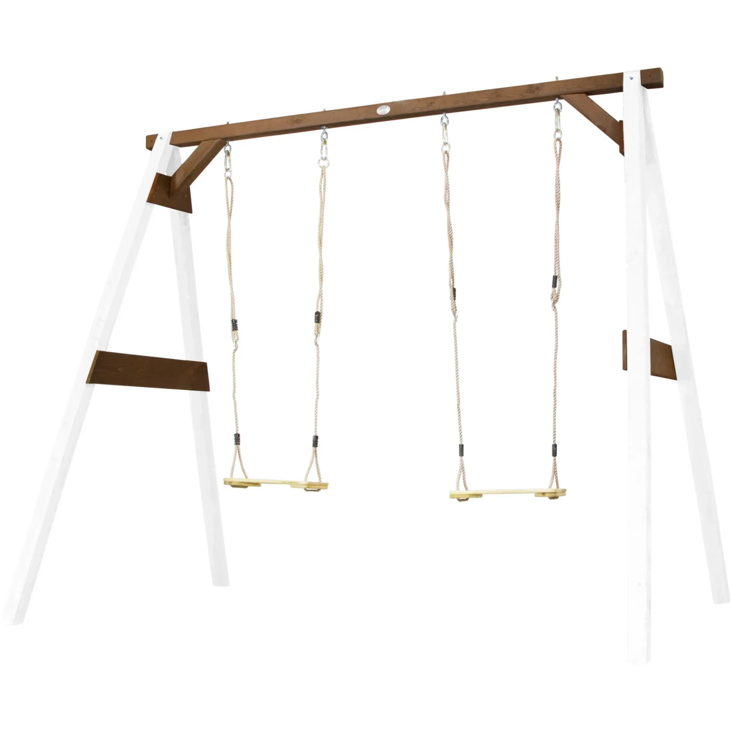 Axi 4-in-1 SportsFun Schaukelgestell, weiß und braun, mit zwei Schaukelsitzen aus Holz.
