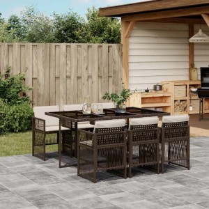 7-tlg. Garten-Essgruppe aus braunem Poly Rattan mit Kissen. Gartenmöbel-Set mit Tisch und Stühlen.