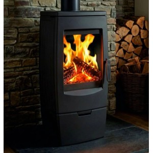 Schwarzer Plamen Gusskaminofen Gala 8 kW mit brennendem Holz im Feuerraum.