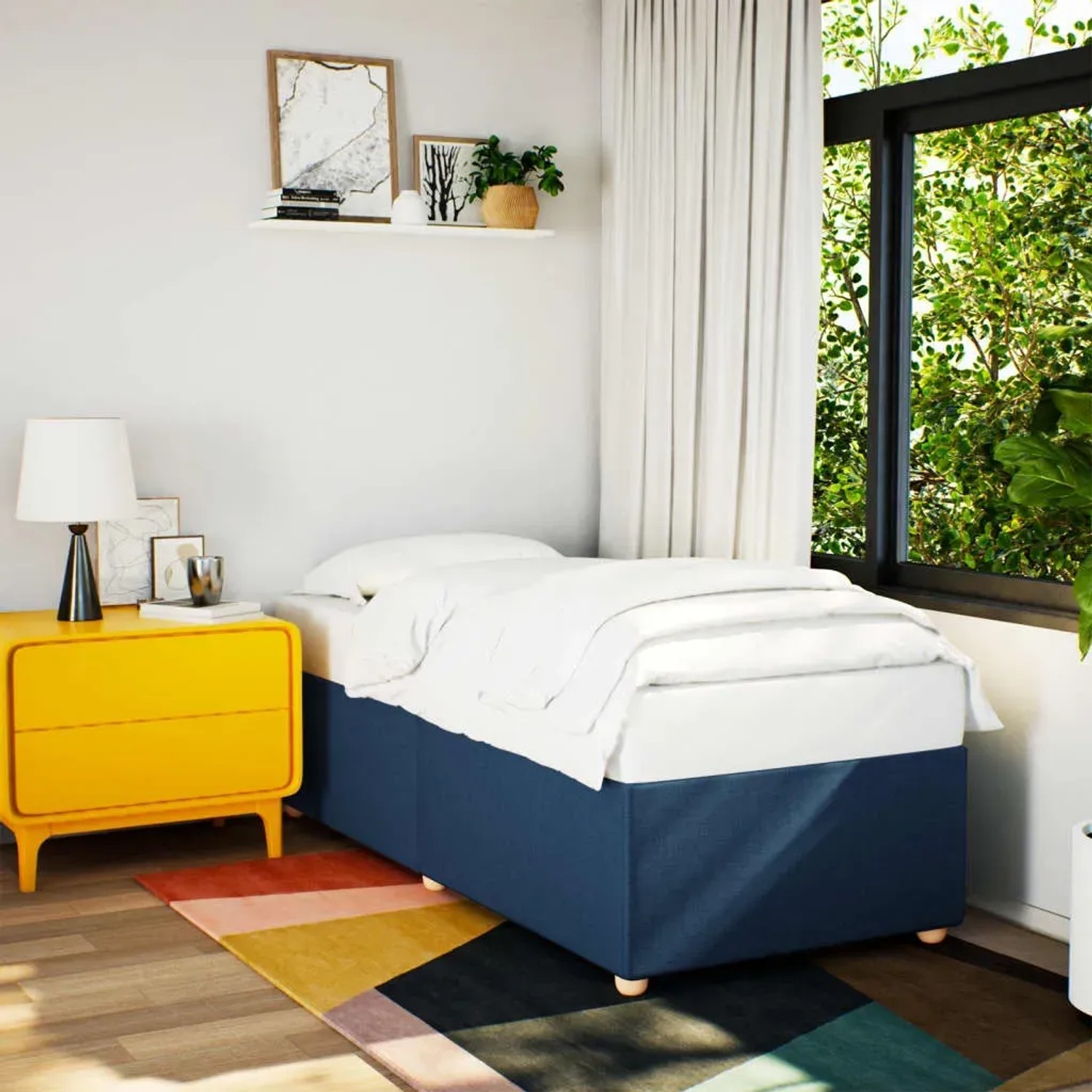 Blaues vidaXL Bettgestell (100x200 cm) aus Stoff im Schlafzimmer.