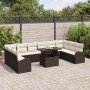 Braunes 11-teiliges vidaXL Garten-Sofa-Set aus Polyrattan mit Tisch und cremefarbenen Kissen.