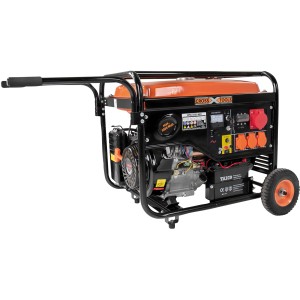 Cross Tools Benzin-Stromerzeuger CPG 5500 NEV mit Rädern, Tank und Bedienelementen.
