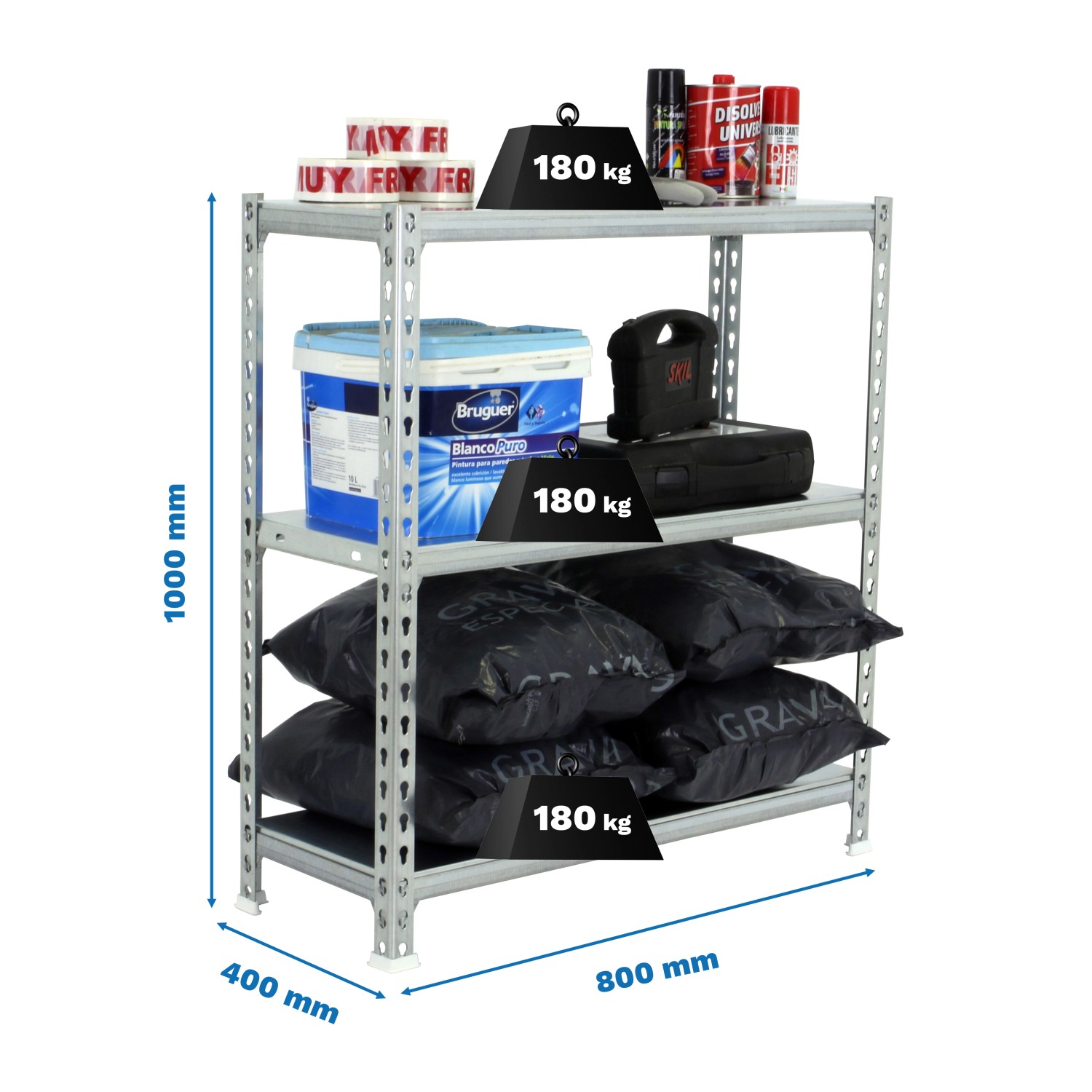 Verzinktes PROREGAL Schwerlastregal Small Metal Shark, 100x80x40cm, mit drei beladenen Fachböden.