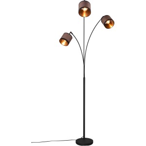 Schwarze Reality Stehleuchte Davos mit drei Lampenschirmen in Taupe und Gold innen.