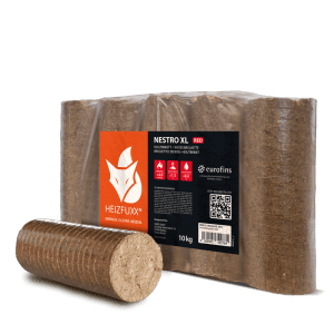 Heizfuxx Nestro XL Red Holzbriketts, 10kg Packung und einzelnes Hartholz-Brikett. Brennstoffe für Kamin & Ofen.