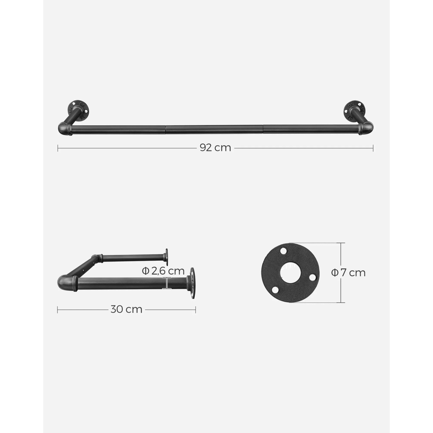 Songmics Kleiderstangen Wandbefestigung 2er Set, schwarz, Maße: 92x30x7 cm.