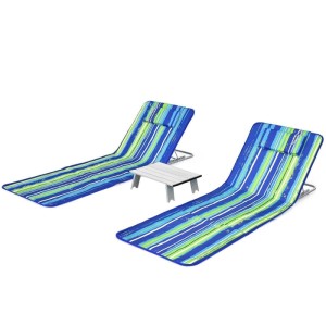 Costway 2er Set Strandmatten mit Tisch, grün-blau gestreift. Ideal für Strand und Garten.