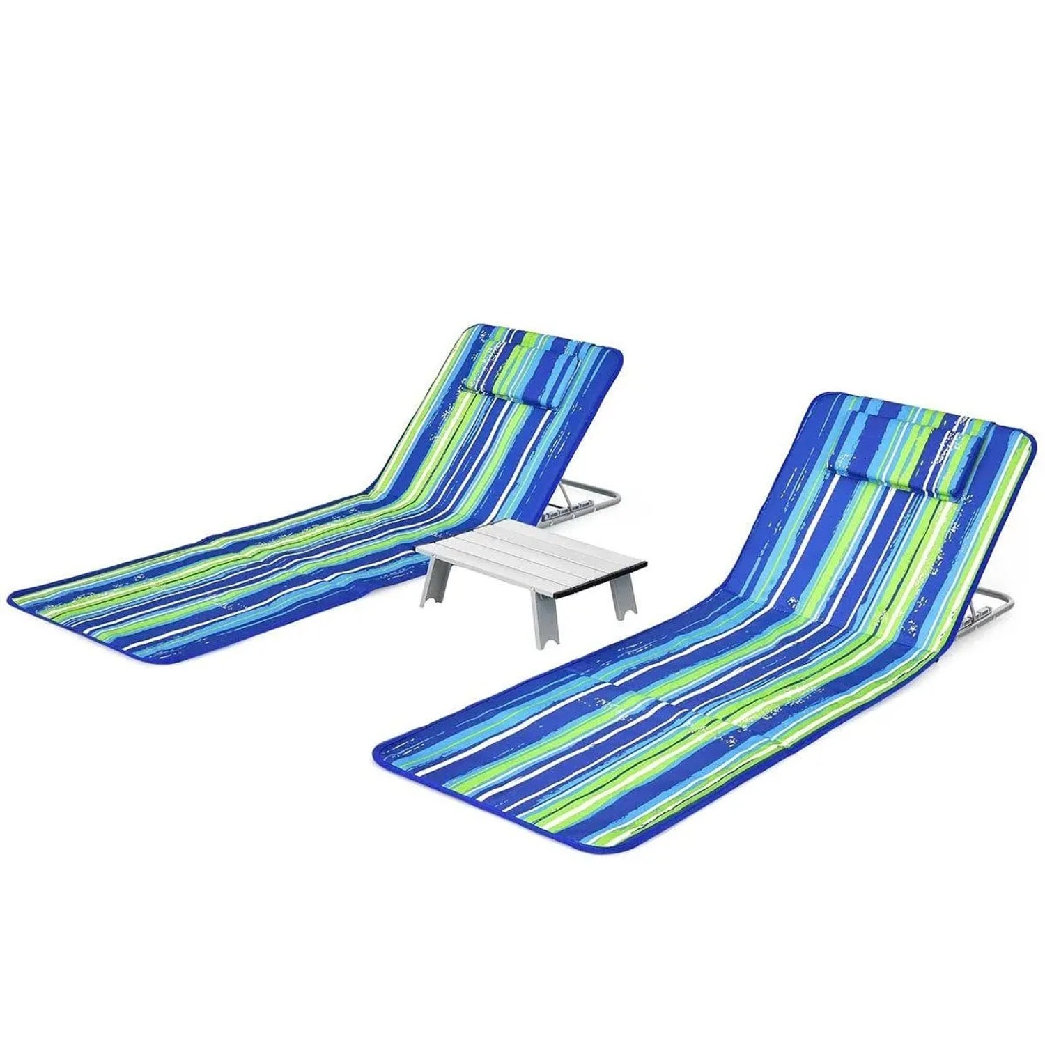 Costway 2er Set Strandmatte mit Beistelltisch Kopfkissen & Staufach Grün