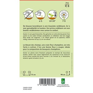 Rückseite einer Kornblume Samenpackung mit blauen Blüten, Anweisungen zur Aussaat und Pflege für den Blumengarten.