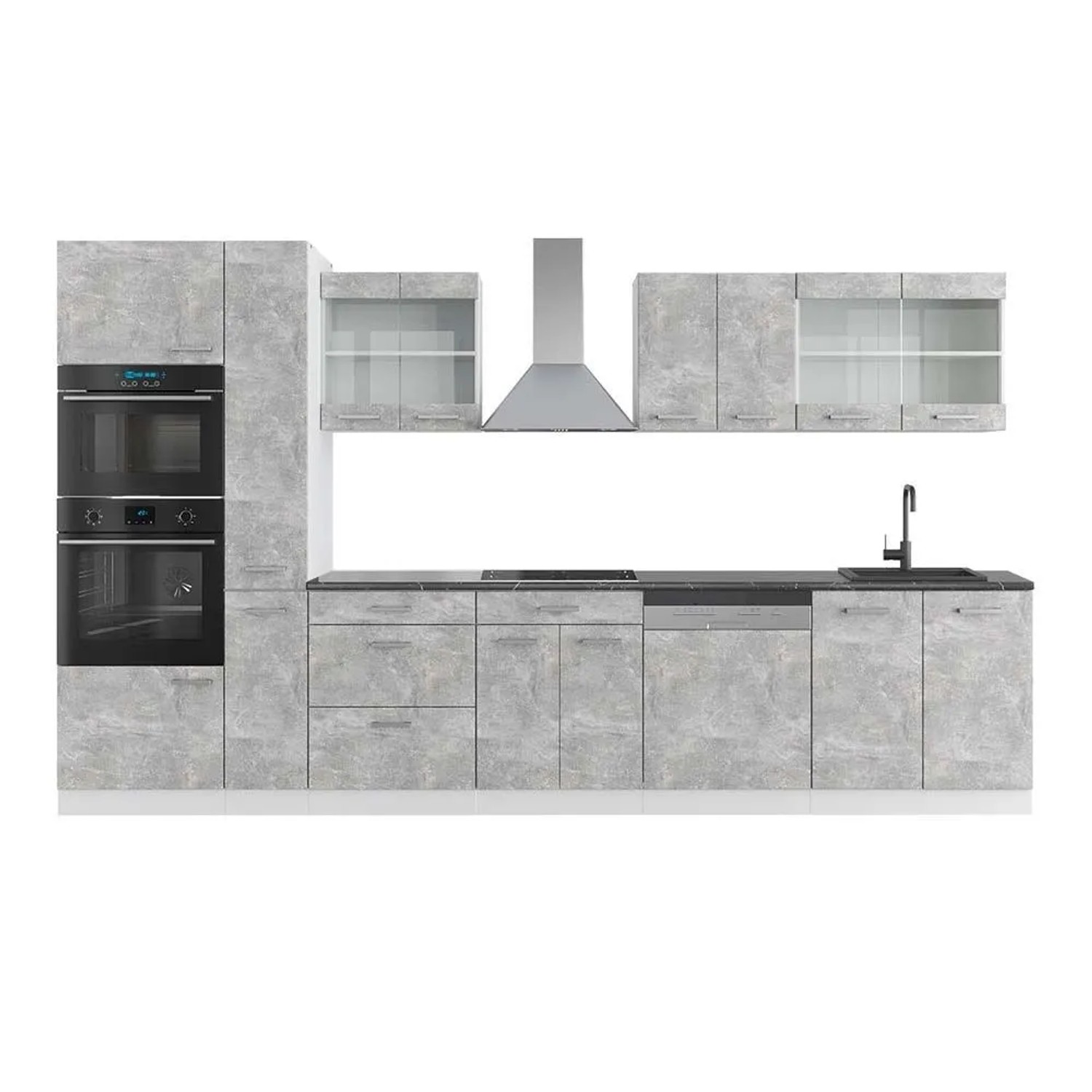 Vicco R-Line Küchenzeile Beton Weiß 350 cm mit HochschrankAP Anthrazit ohne E-Geräte