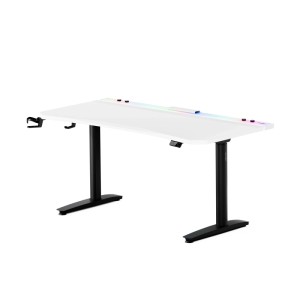 Elektrischer Gaming-Schreibtisch X-Forge 160x80 cm, weiß-schwarz, mit RGB-Licht, Headset- und Becherhalter.