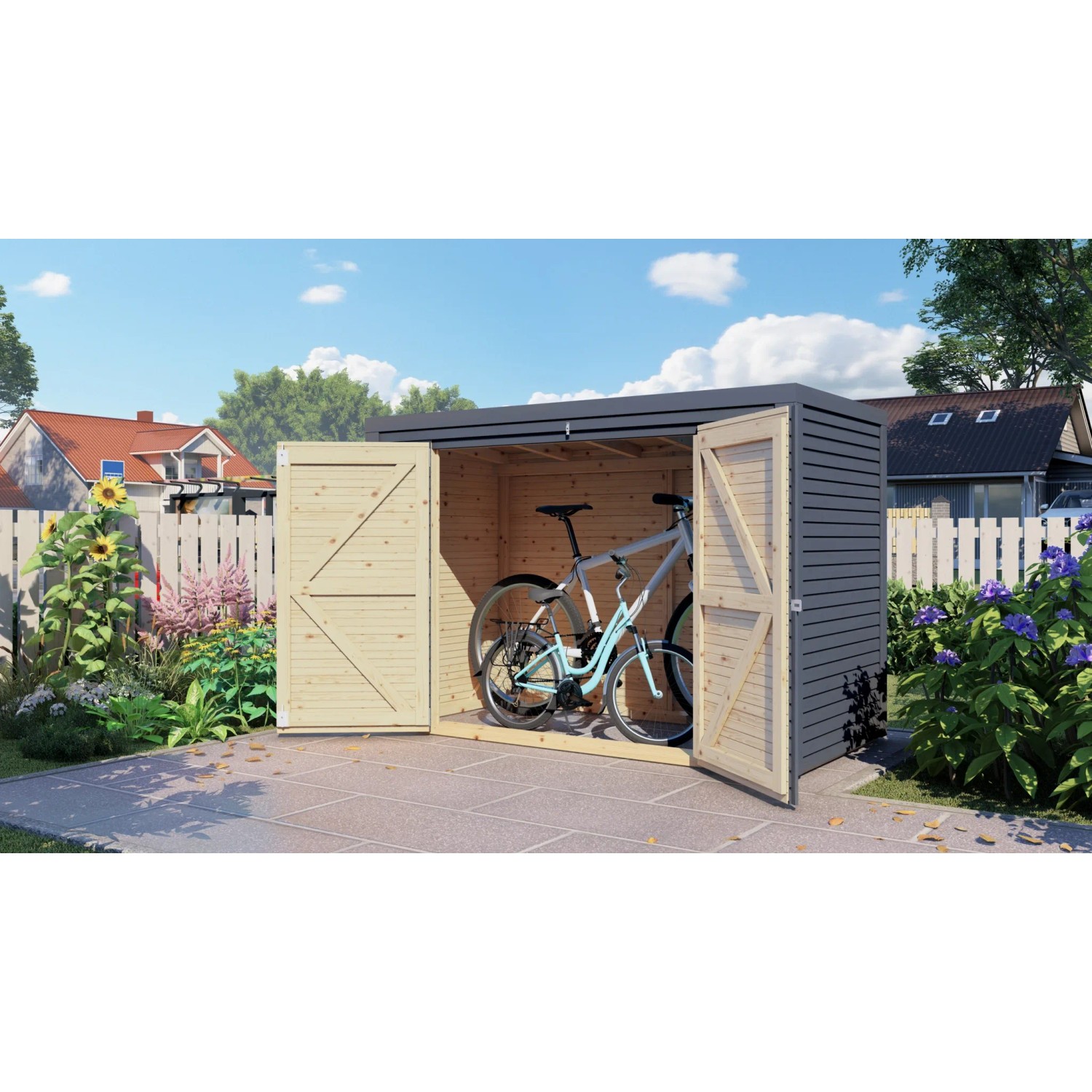 Anthrazitfarbener Bertilo Gartenschrank Box Bike (103x207cm) mit geöffneten Türen und Fahrrädern darin.