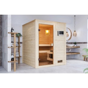 Karibu Sauna Rabea mit Fronteinstieg, naturbelassen, inklusive 3,6 kW Ofen. Massivholzsauna für den Innenbereich.