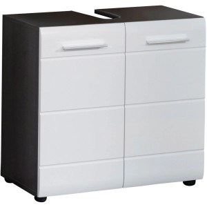 Trendteam Waschbeckenunterschrank LineSkinBD, weiß, 60 cm breit. Badmöbel mit zwei Türen und silbernen Griffen.