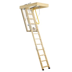 Minka Dachbodentreppe Polar Extrem, Holztreppe mit weißem Deckel und gelbem Handlauf.