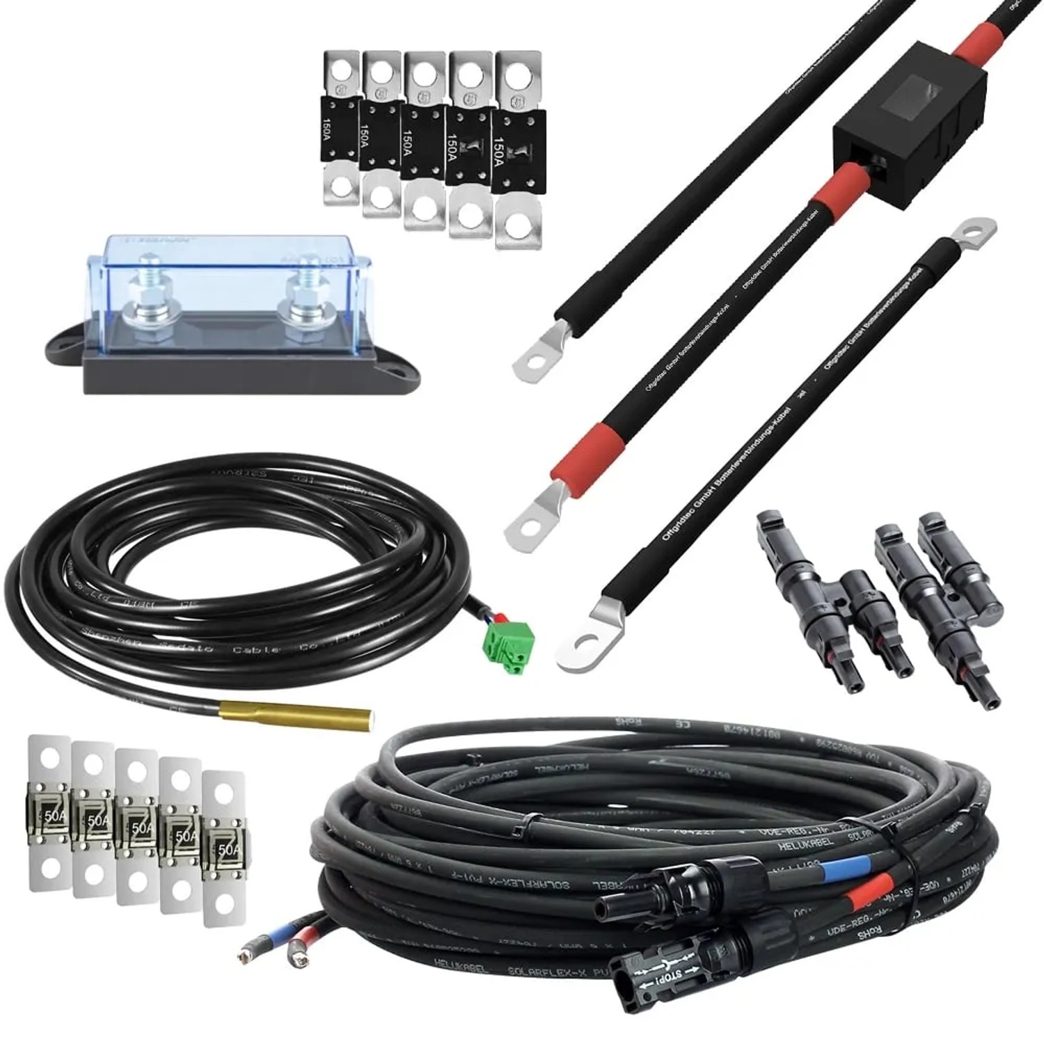 Offgridtec Autark XL-Master 300W Solaranlage Zubehör: Kabel, Stecker, Sicherungen, Batterieanschluss.