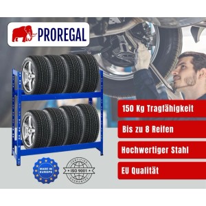Blaues PROREGAL Reifenregal Tiger aus Stahl für 8 Reifen auf 2 Ebenen. Ideal für Garage & Werkstatt.