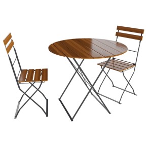 3-teiliges Biergartenmöbel-Set: Klappbarer Tisch Ø 80 cm mit 2 Stühlen aus Akazienholz und Stahl.