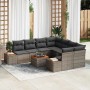 Graues 9-teiliges vidaXL Garten-Sofa-Set aus Poly Rattan mit Kissen und Tisch.