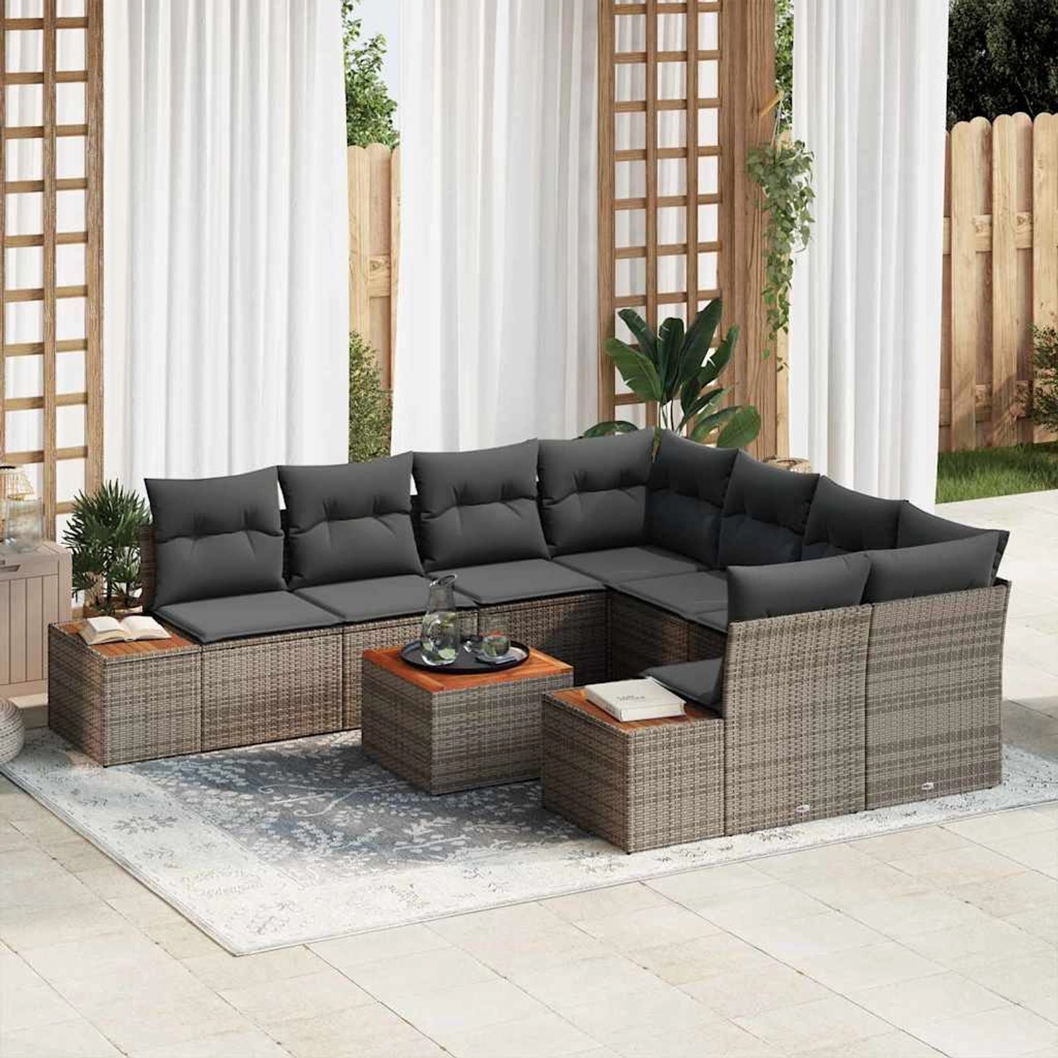 Graues 9-teiliges vidaXL Garten-Sofa-Set aus Poly Rattan mit Kissen und Tisch.