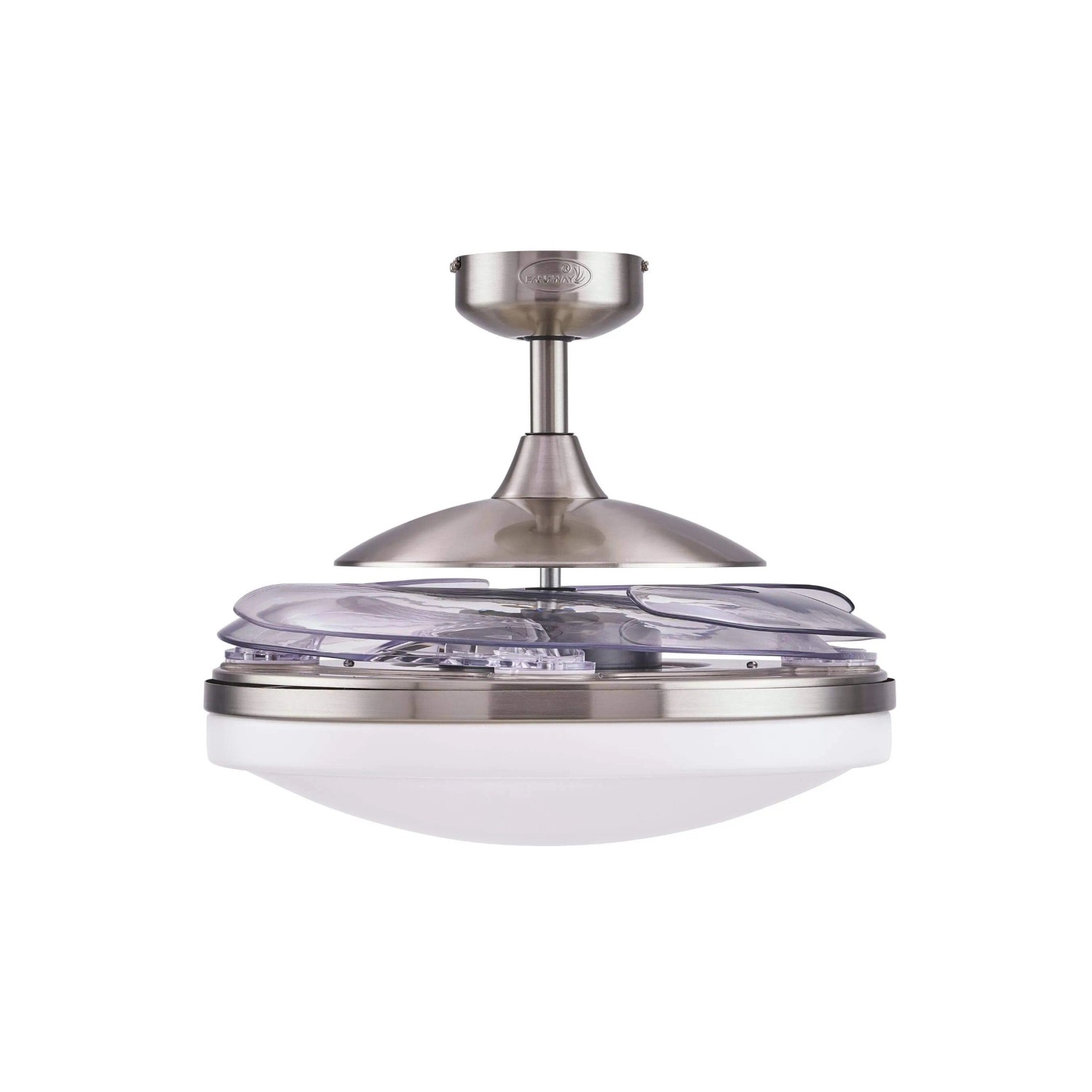 BEACON Deckenventilator Fanaway EVO 2 mit Chrom-Gehäuse, transparenten Flügeln und Milchglasleuchte.