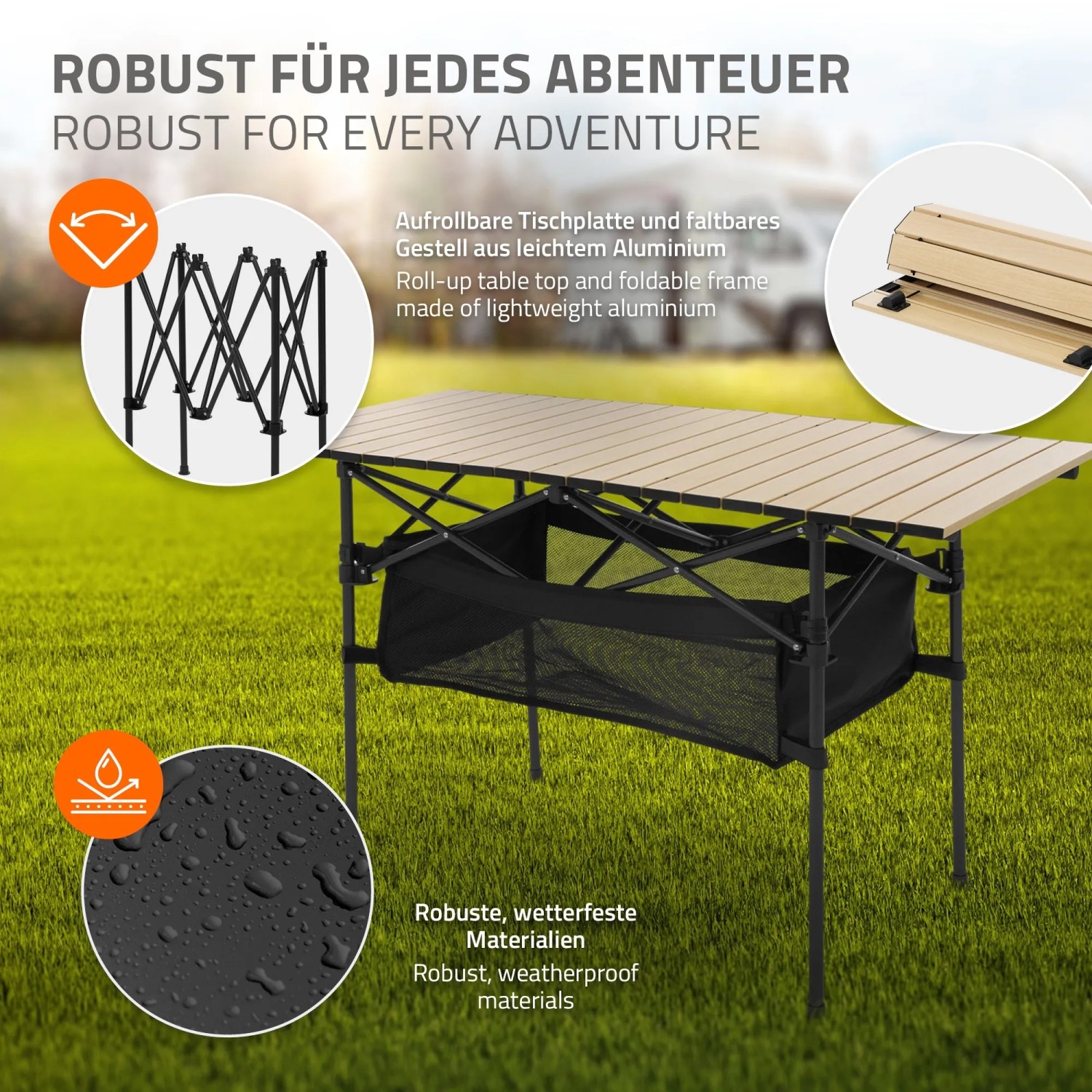 Hauki Campingtisch, faltbar, beige, 118x55x64,5 cm, mit Tasche. Klappbarer Tisch aus Aluminium für Camping & Outdoor.