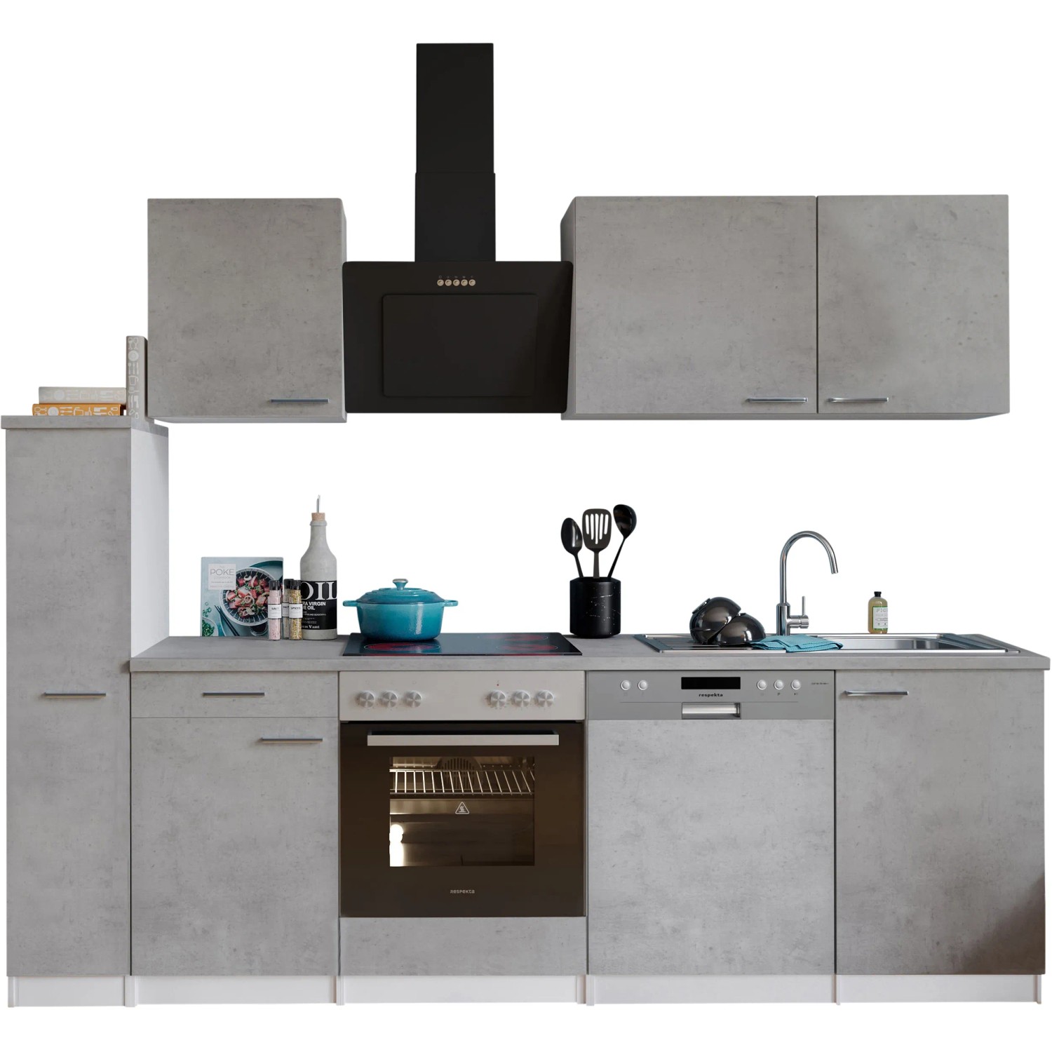 Respekta Küchenblock Malia 250 cm mit E-Geräten, Betonfronten. Komplette Einbauküche mit Herd, Spüle und Geschirrspüler.
