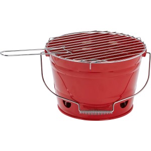 Roter Eimergrill, tragbarer Holzkohlegrill mit Grillrost und Tragegriff.