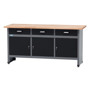 Küpper Werkbank mit 3 Schubladen und Türen, schwarz-hellgrau, mit Buchenholzplatte.