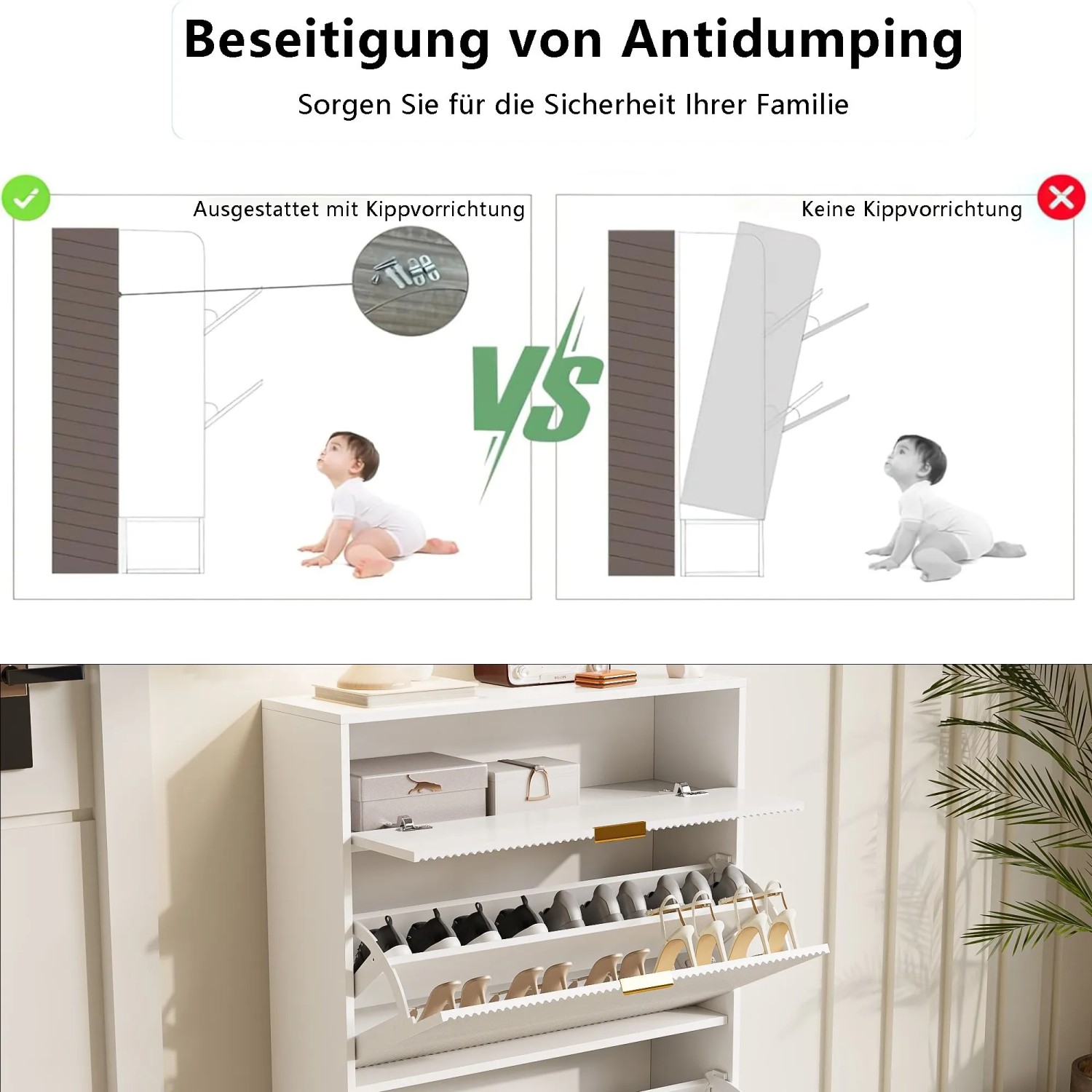 Weißer Schuhschrank mit Schuhklappen und Ablageflächen für Flur und Diele.