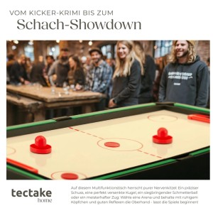 Tectake Multifunktions-Spieltisch mit Airhockey-Aufsatz und roten Pucks. Ideal für Spiel und Spaß.