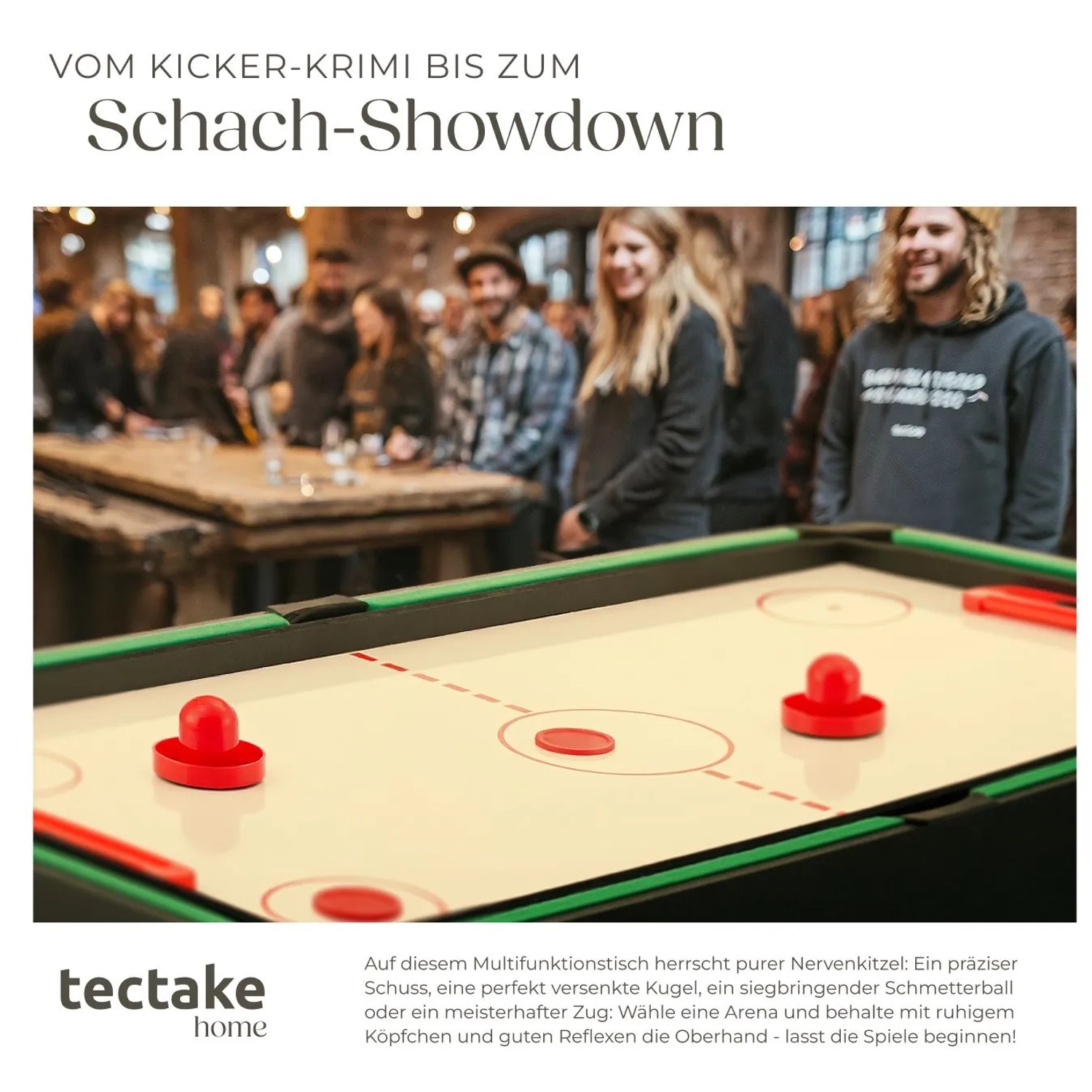 Tectake Multifunktions-Spieltisch mit Airhockey-Aufsatz und roten Pucks. Ideal für Spiel und Spaß.