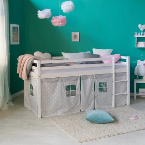Homestyle4u Hochbett 90x200 mit Vorhang in Weiß Sterne 1888