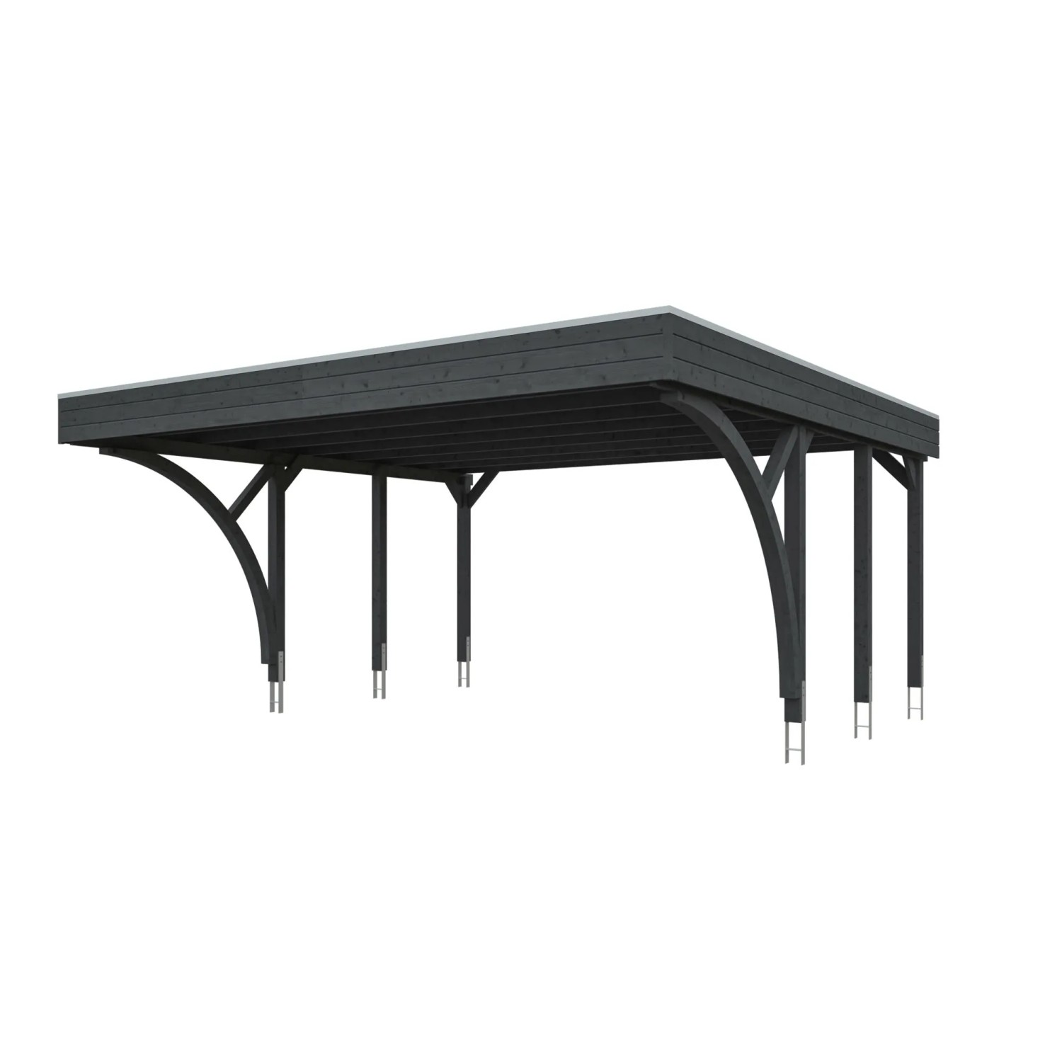Schiefergrauer Skan Holz Flachdach-Carport Friesland mit eleganten Einfahrtsbögen. Robuste Holzkonstruktion, Stahl-Dachplatten.
