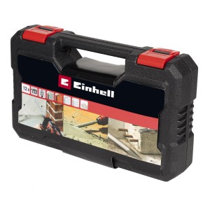 Einhell Bohr-Meissel-Set, 12-teilig im schwarzen Koffer mit rotem Griff.