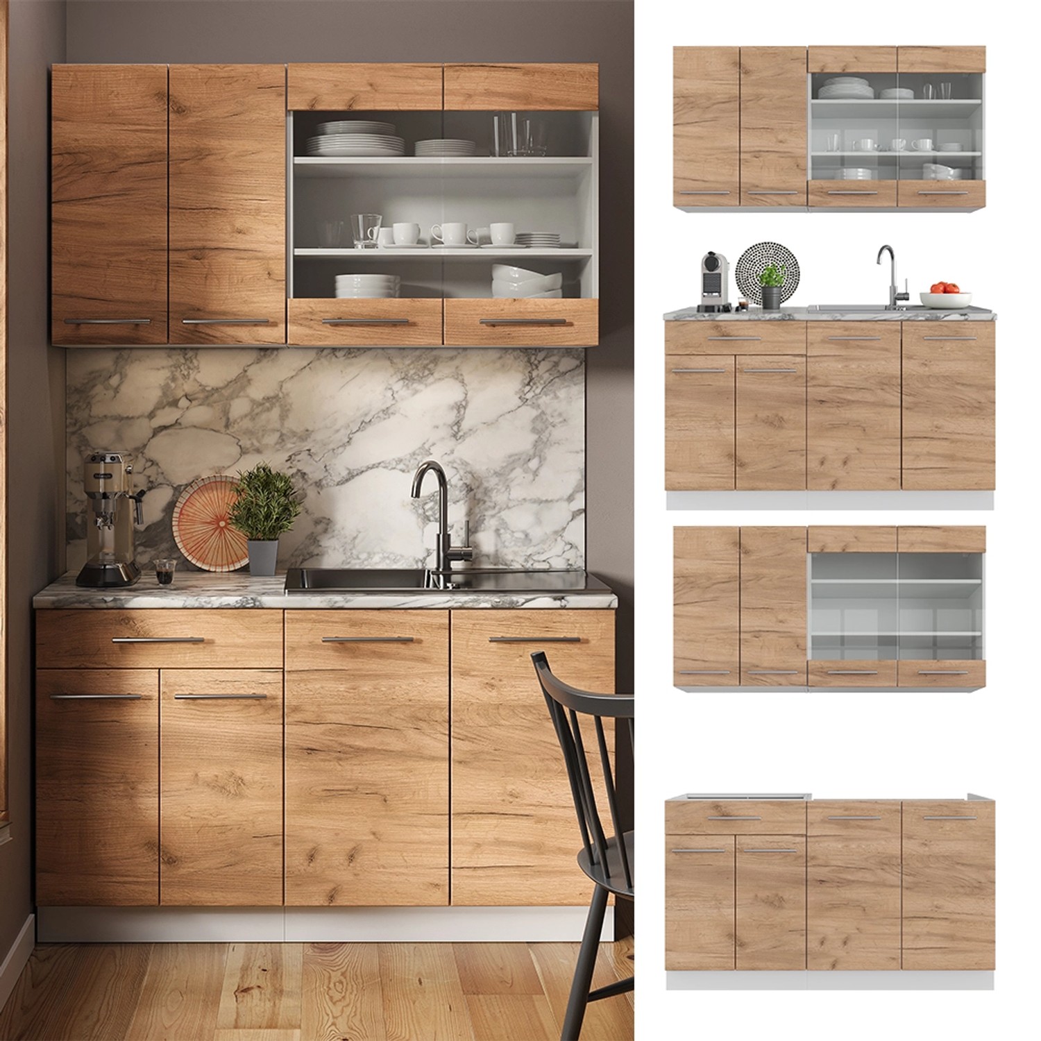 Vicco Fame-Line Singleküche in Goldkraft Eiche/Weiß, 140 cm breit, ohne Arbeitsplatte.