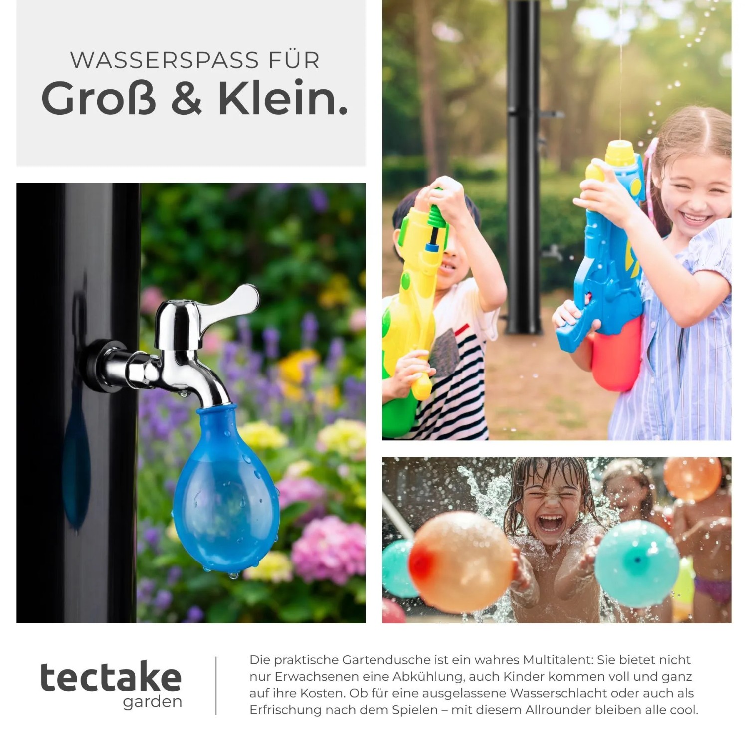 Tectake Solardusche Orinoco, 40 Liter, mit Wasserhahn, Duschkopf und spielenden Kindern.