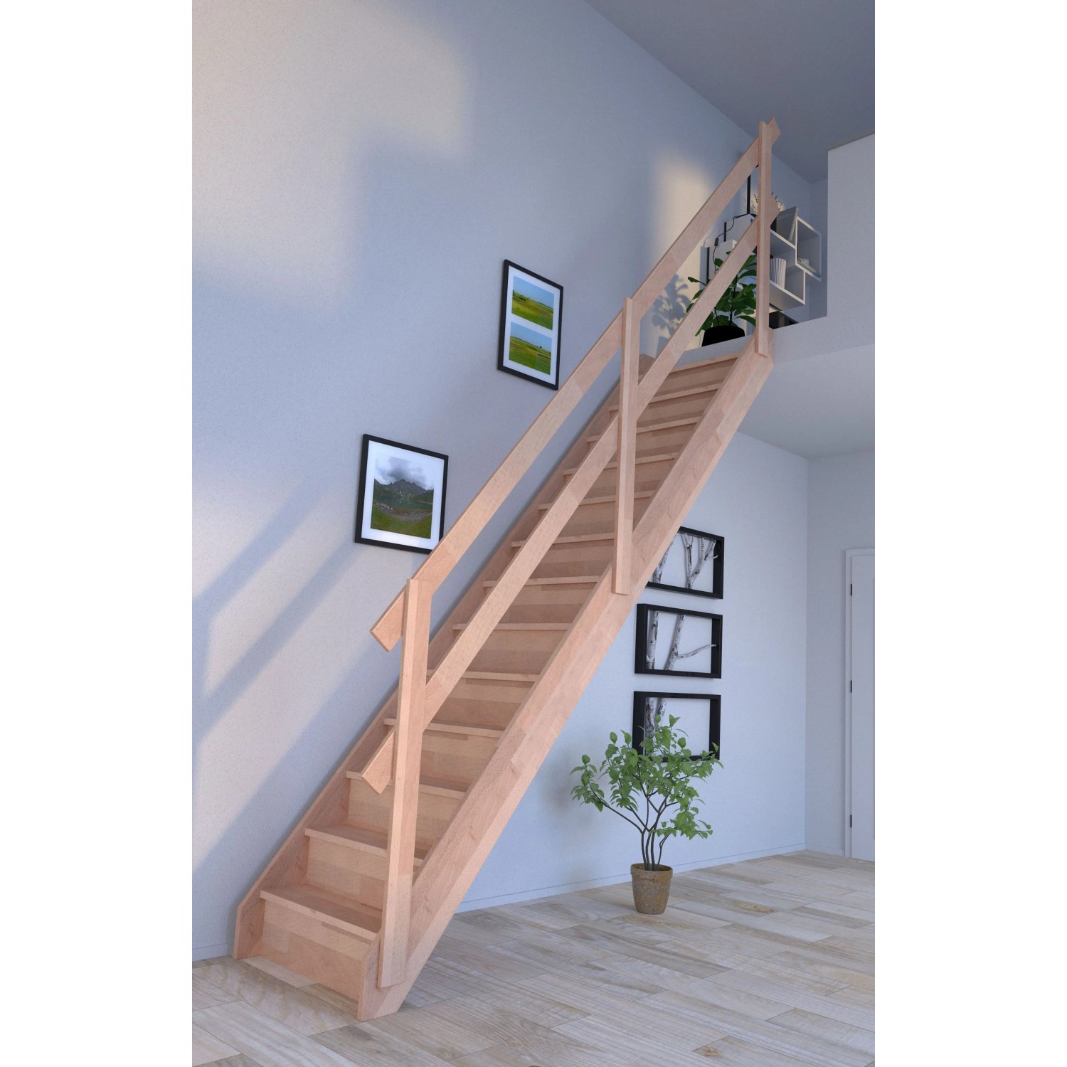 StarWood Treppe Rhodos Buche, gerade, mit Holzgeländer und Setzstufen, im Raum.