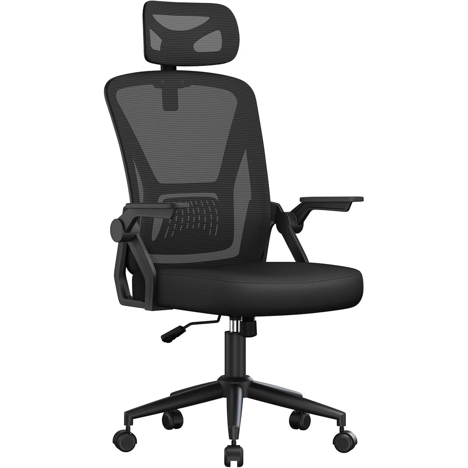 Rattantree Ergonomischer Bürostuhl mit Hoher Rückenlehne Verstellbarer Kopfstütze Hochklappbaren Armlehnen und Wippfunktion Schwarz