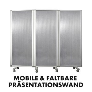 Mobile, faltbare KARAT Trennwand, semi-transparent, 180x150 cm, mit Rollen. Ideal als Büro-Trennwand.